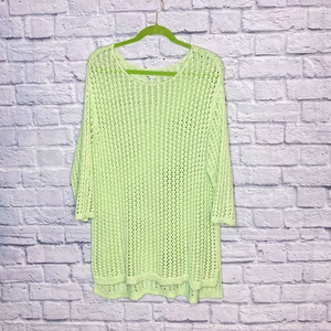 J.‎ Jill Medium M Green Open Knit Cotton Blend Hi Low Hem Pullover Tunic Sweater